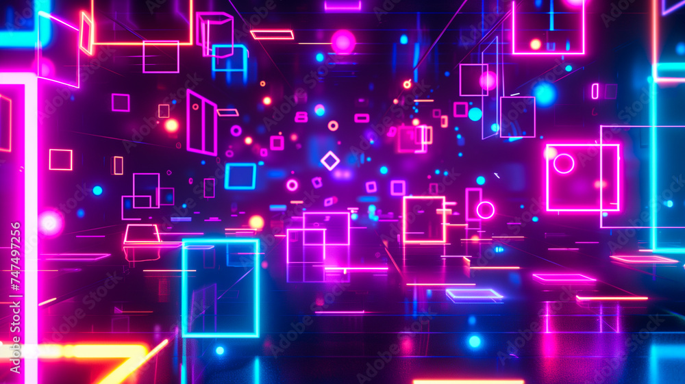 Retro wave abstract background with glowing neon shapes, digital space backdrop