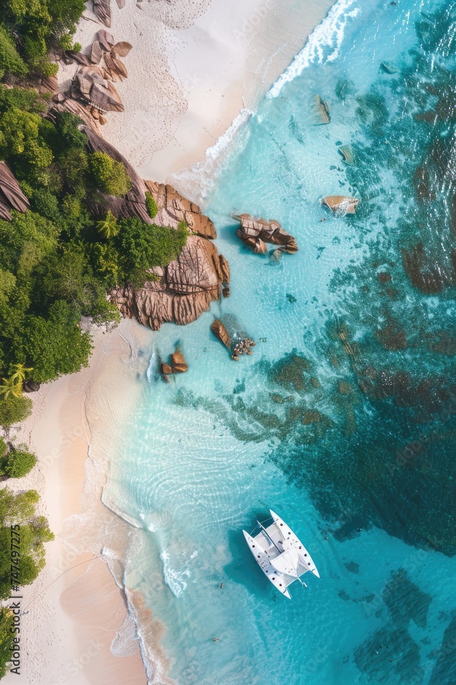 Aerial view of a boat in the water, suitable for travel brochures