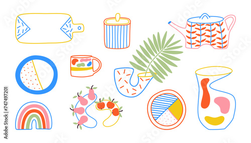 Collection of different kitchenware tools in bauhaus style. Set of decorative tableware items isolated on white background. Vector illustration.