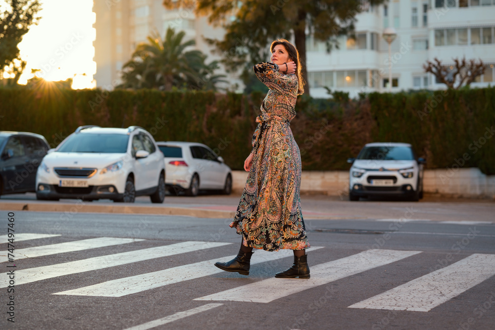 Woman Crossing the Street in a Dress
