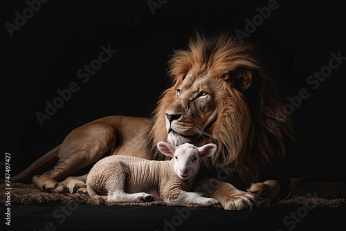Majestic composition of the lion and the lamb lying together Set against a stark black background Symbolizing peace and harmony.