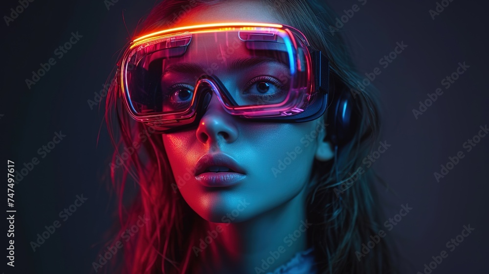 Metaverse technology concept. Excited young woman wearing VR headset with new experience