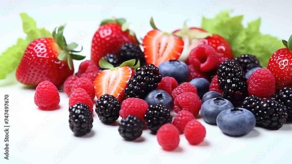 Fresh pile of berries and strawberries, perfect for food and health-related designs