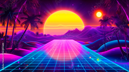 Fantasy retro wave illustration with vibrant neon lights, sunset, and palm trees. Futuristic background 1980s style photo