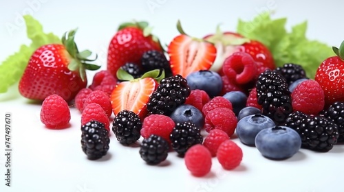 Fresh pile of berries and strawberries, perfect for food and health-related designs