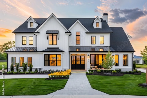 Modern farmhouse design Blending traditional charm with contemporary elements Featuring a dark roof and black windows