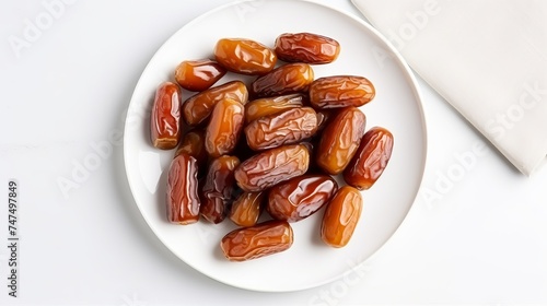 Dates fruits on plate on white background, top view, copy space. Organic dried dates fruits