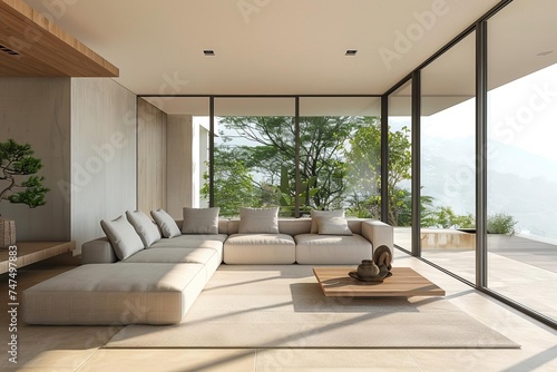 Modern minimalist living room with a clean design Showcasing a beige sofa bathed in natural light from large windows Reflecting a sense of calm and elegance