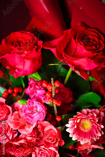 Bouquet of Red Roses and Flowers