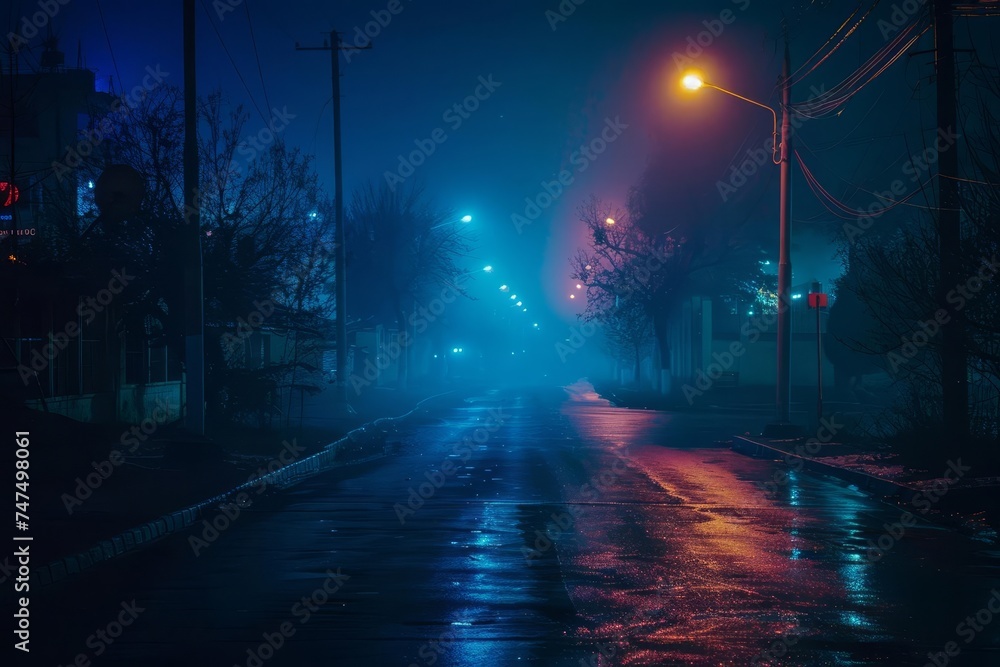 Mysterious and empty dark street illuminated by neon lights Creating an atmosphere of intrigue and night life.