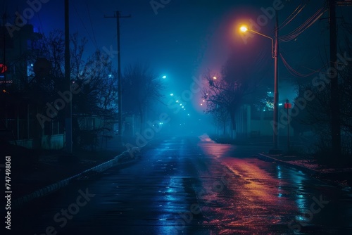 Mysterious and empty dark street illuminated by neon lights Creating an atmosphere of intrigue and night life.