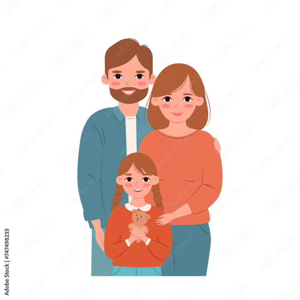 Family with one child. Parents and daughter are standing. Flat cartoon vector illustration. Family with one child. Parents and daughter are standing. Flat cartoon vector illustration.