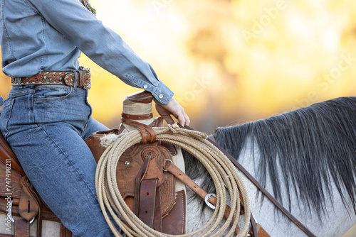 closeup details of Cowgirl tool on a saddle with a rope photo