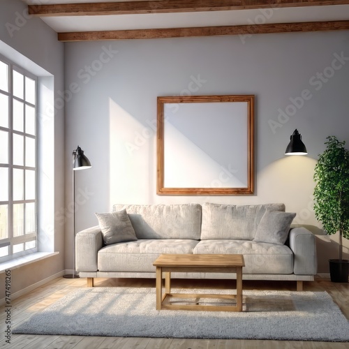 Modern Living Room with Couch and image frame hanging on a bright enlighted wall | Perfect Mockup for selling images photo