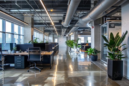 Open office space with a contemporary design Providing a dynamic and collaborative work environment for a tech company Featuring workstations Communal areas And a sleek aesthetic. #747498282
