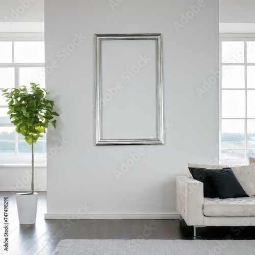 Modern Living Room with Couch and image frame hanging on a bright enlighted wall | Perfect Mockup for selling images photo