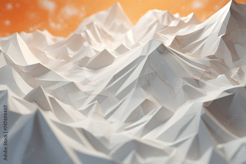 Mountain covered in white paper with orange sky background. Suitable for creative concepts and artistic projects