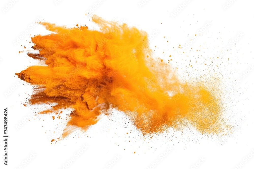 Yellow powder explosion on a white background, perfect for graphic design projects