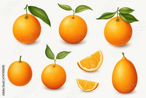 A group of oranges with leaves and slices. Suitable for food and beverage concepts