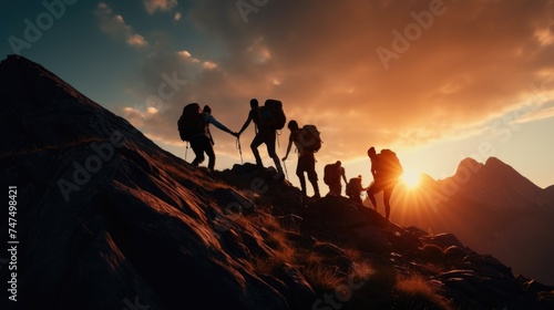 People hiking up a mountain at sunset, perfect for outdoor adventure concepts