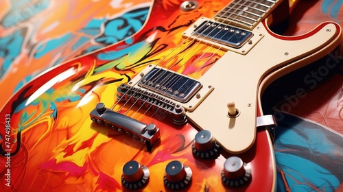 Close up of a guitar on a table, suitable for music themes