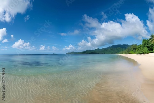 Panoramic view of a pristine tropical beach Stretching into the horizon under a vast Cloudless sky Epitomizing peace and natural beauty.