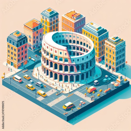 Isometric Landmark Design of Rome Italy Colosseum with Relaxing Lo-Fi Vibes Illustration