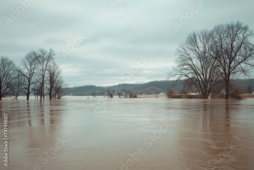 A flooded landscape with bare trees and murky waters under a cloudy sky.