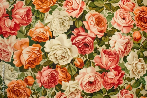 Pattern of vibrant fresh roses in full bloom Creating a romantic and luxurious wallpaper design © Jelena