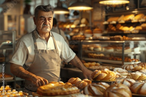 A man standing in front of a display of baked goods. Suitable for bakery advertisements