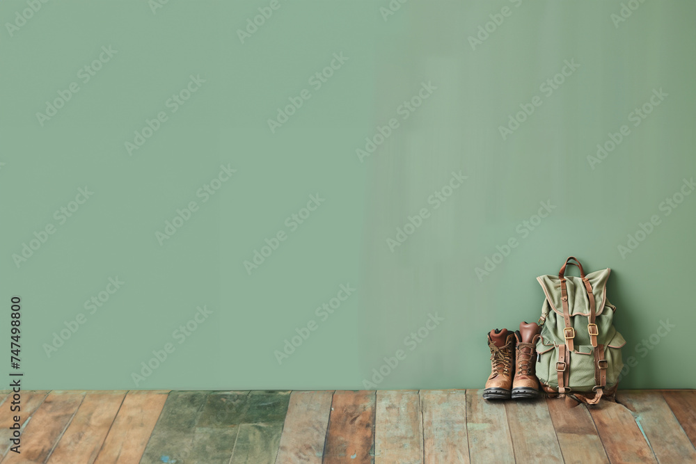 Sac à dos et chaussures de randonnée à côté contre un mur vert posés sur un parquet coloré. Fond vert avec espace négatif pour texte, copyspace. Vacances vertes, nature, réservation, vacances, camping - obrazy, fototapety, plakaty 