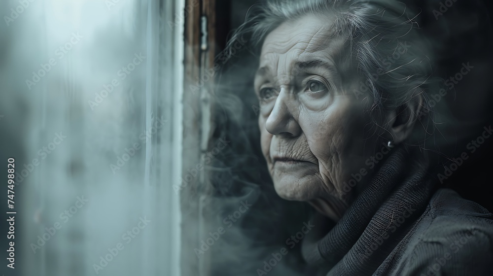 elderly woman looking through a foggy window. The photo depicts a poignant depiction of loneliness, as the woman stares into the misty unknown. - obrazy, fototapety, plakaty 