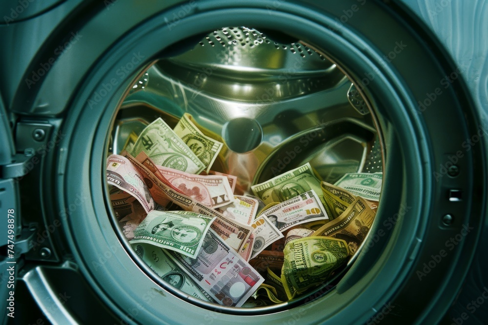A washing machine filled with various denominations of dollar bills.