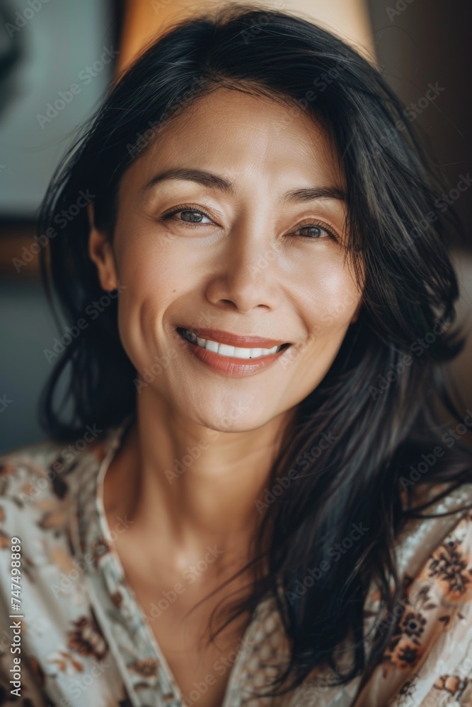Portrait of a woman with long black hair smiling at the camera. Perfect for beauty and lifestyle concepts Portrait of a woman with long black hair smiling at the camera. Perfect for beauty and lifestyle concepts
