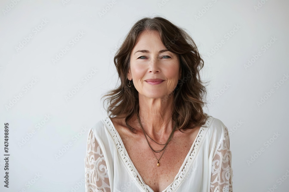 Portrait of a graceful mature woman Isolated on white Radiating confidence and timeless beauty Embodying self-care and positive aging. Portrait of a graceful mature woman Isolated on white Radiating confidence and timeless beauty Embodying self-care and positive aging.