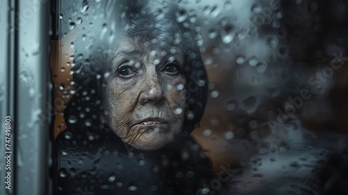 elderly woman looking through a foggy window. The photo depicts a poignant depiction of loneliness  as the woman stares into the misty unknown.