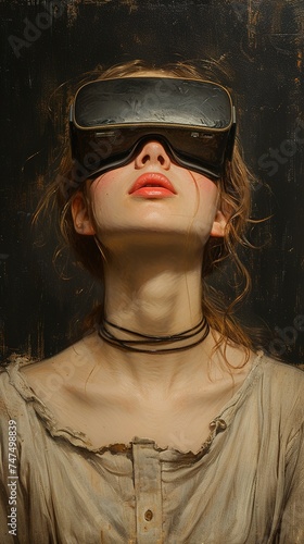 VR-headset. Medieval little girl lady on dark studio background. Concept of comparison of eras
