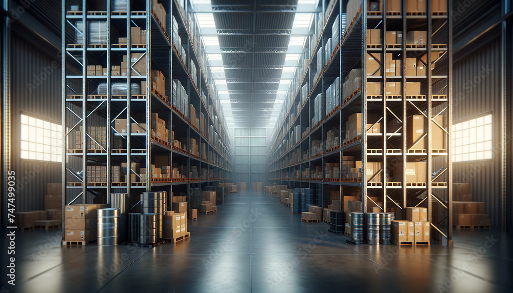 The interior of a huge, modern warehouse, with rows of high shelves lined with boxes and barrels of various sizes, natural light streaming in through the windows. AI-generated.
