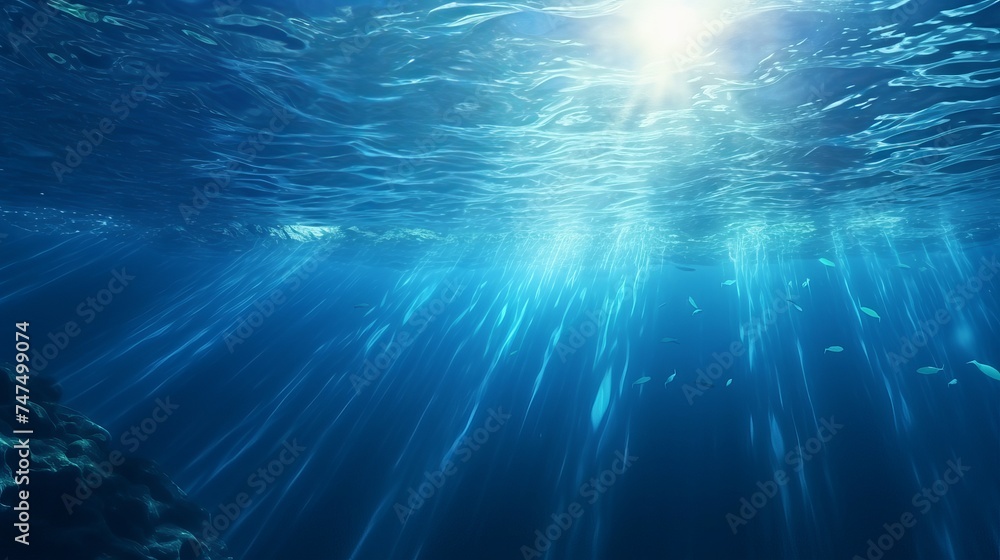 Deep blue ocean waves from underwater background with particles flowing movement, light rays shining through Deep blue ocean waves from underwater background with particles flowing movement, light rays shining through