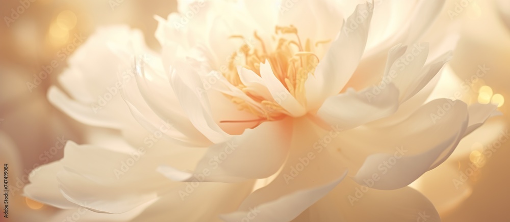 Fototapeta premium Beautiful soft white peony flower with smooth bokeh sun light background.