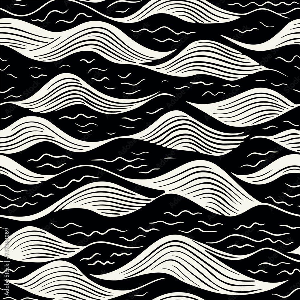 Vector seamless pattern. Stylised ocean waves. Hand drawn graphic sea waves. Tileable monochrome swatch. Vector seamless pattern. Stylised ocean waves. Hand drawn graphic sea waves. Tileable monochrome swatch.