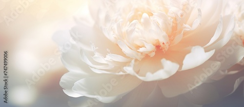 Beautiful soft white peony flower with smooth bokeh sun light background.
