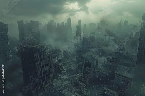 Post-apocalyptic cityscape Ruins smoldering in the aftermath of a catastrophic event photo