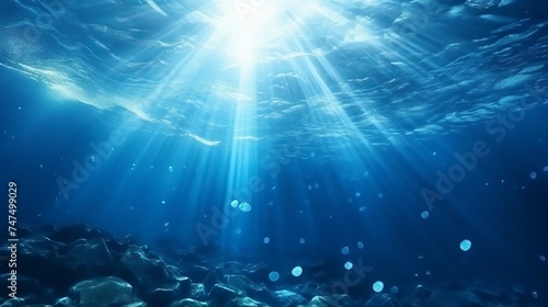 Deep blue ocean waves from underwater background with particles flowing movement, light rays shining through