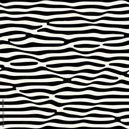 Vector seamless pattern. Abstract ripple texture. Bold monochrome wavy stripes. Creative background with rounded waves. Decorative black and white striped design.