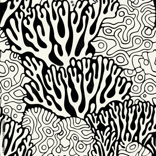 Vector seamless pattern. Surface design with seaweed. Stylised graphic repeating texture. Underwater ocean life. Black and white tileable coral reefs.