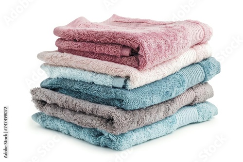 Pristine stack of folded towels with a luxurious spa feel Isolated on white Showcasing softness and cleanliness.