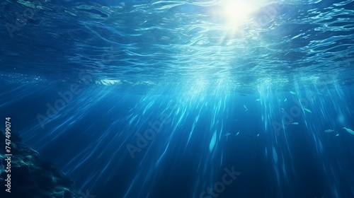 Deep blue ocean waves from underwater background with particles flowing movement, light rays shining through