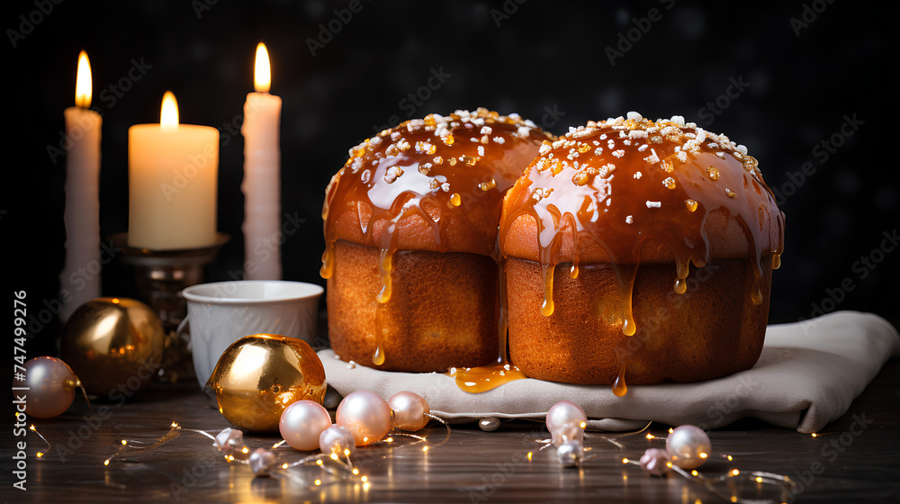 Traditional Easter kulich cake decorated with raisins and meringue, color gold eggs, candles on blurred background 
