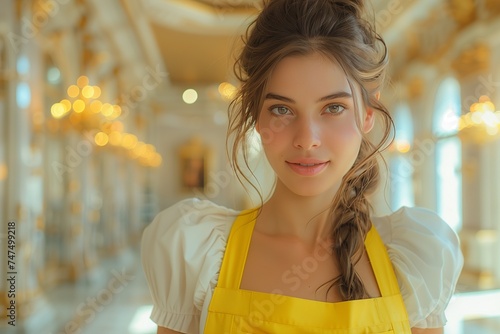 Beautiful Young Woman Dressed as Cleaning Lady in Luxurious Setting